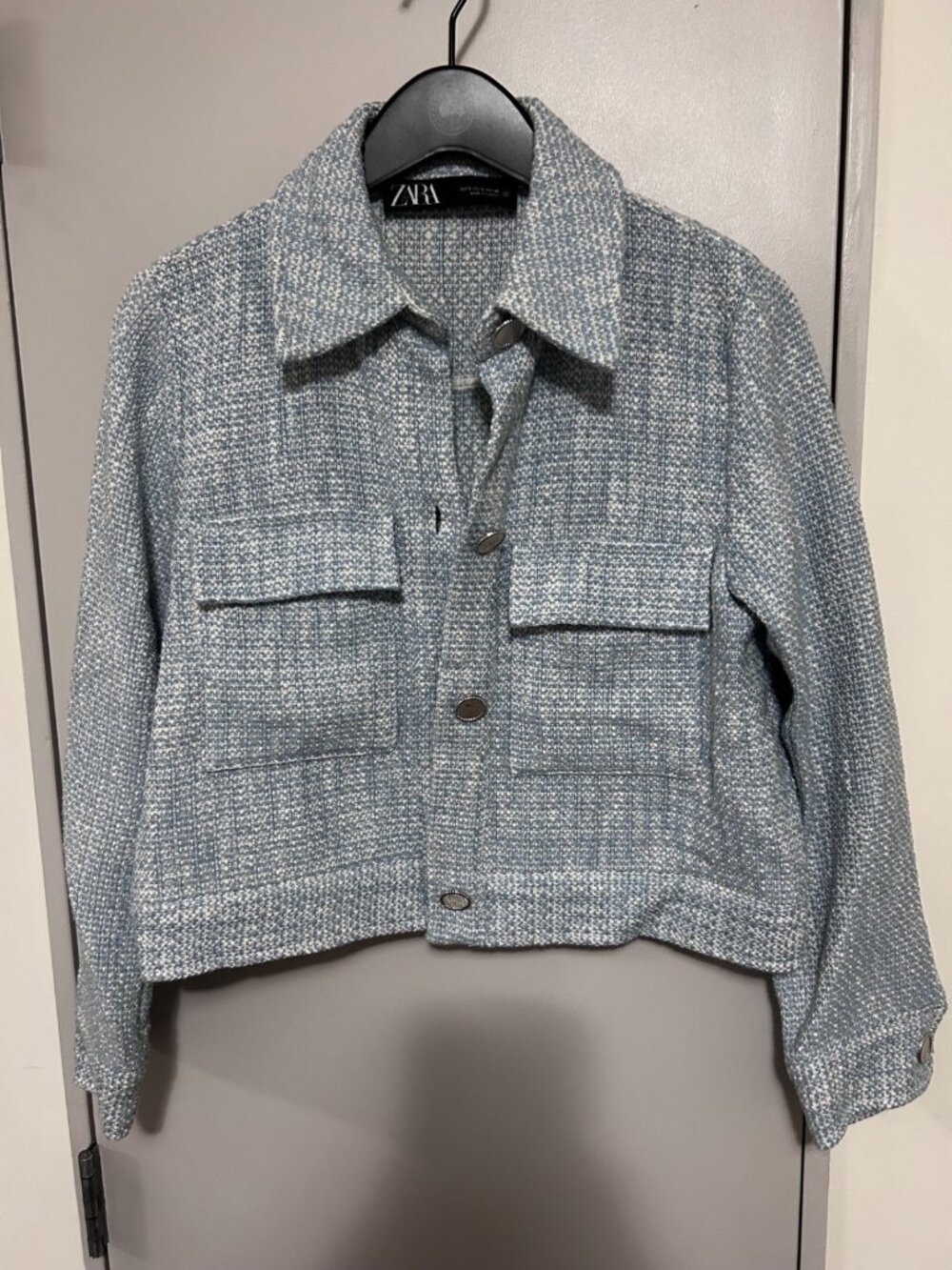 Zara Blue White Tweed Cropped Shirt Jacket Flap Pockets Women's S
